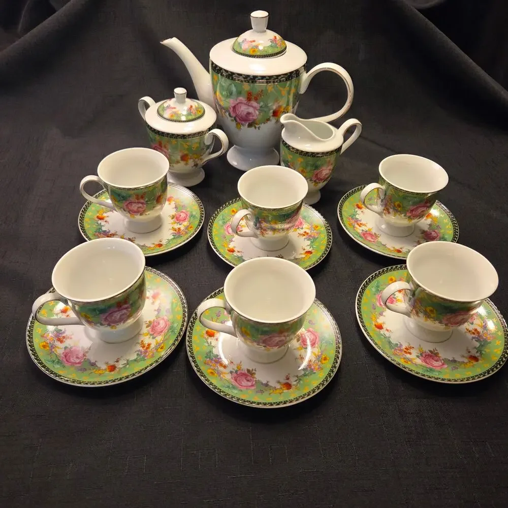 Royal Scotland Pink Rose on Green background Tea Set